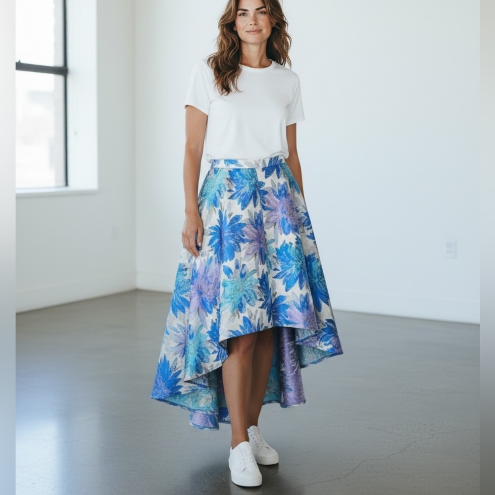 Belle Badgley Mischka Floral Flared High Low Maxi Skirt Metallic Blue Sz 8